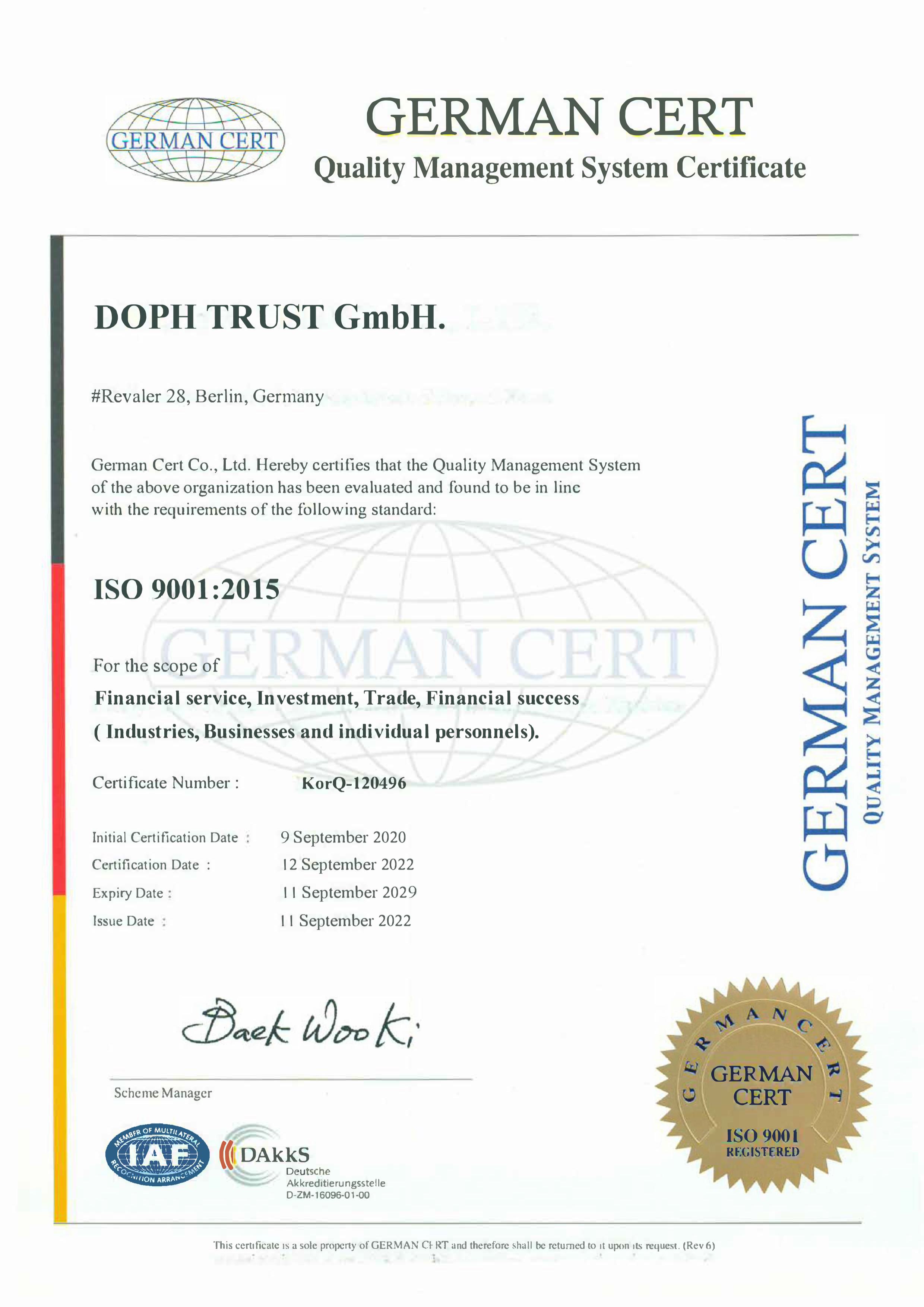 ISO 9001:2015 Certificate – Dophtrust Investment